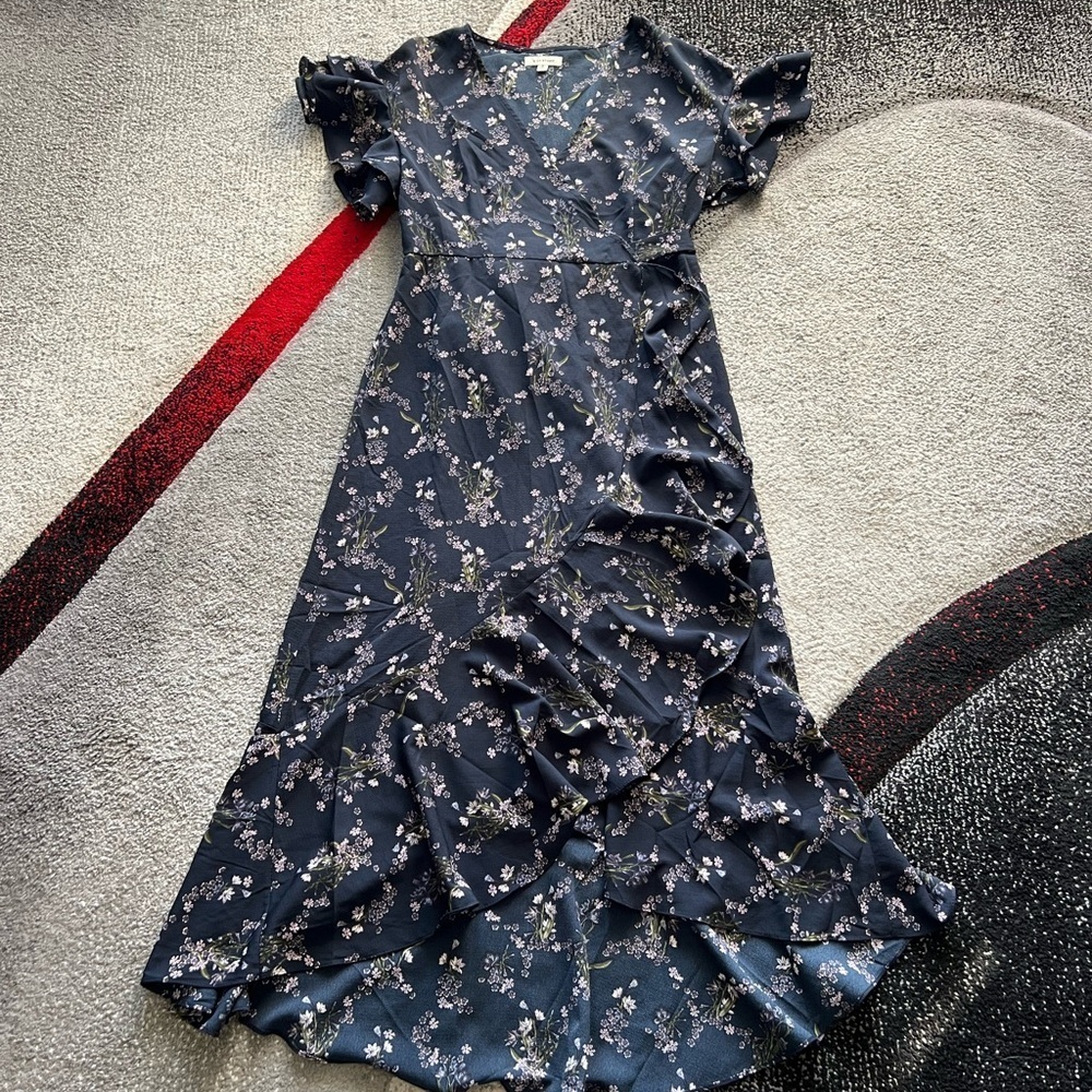 Max Studio Navy Floral Crepe Ruffled Wrap Dress